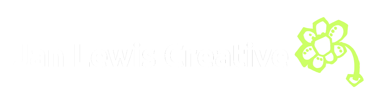 Jan Lewis Creative in a chunky san-serif white font with a cute green flower icon on the right