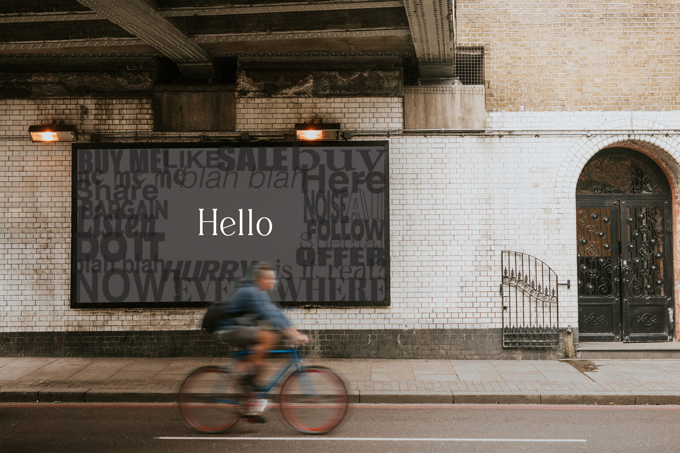 jan lewis creative noise blurry man cycling past a street billboard with a clear white hello in the middle of other noisy dark words